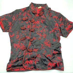 Vintage Cheongsam Silky Blouse / Red and Black / L Child XS Woman